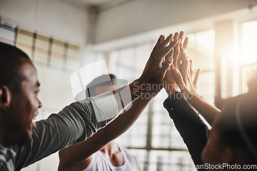 Image of Fitness, teamwork and high five of people in gym for motivation, support and target. Workout, exercise and training with hands of friends in sports center for team building, challenge and achievement