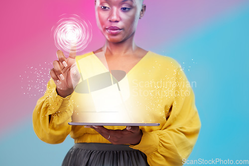 Image of Tablet, hologram and overlay with a black woman in studio on a neon background for biometrics on a dashboard. Futuristic, digital and ai with a person using a holographic or virtual user interface