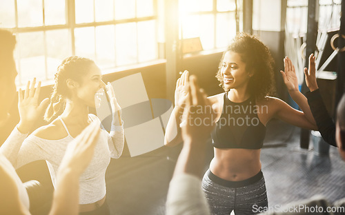 Image of Funny, high five and teamwork of people in gym for fitness, team building and solidarity. Collaboration, group of friends and celebration for exercise targets, goals or support, success or lens flare