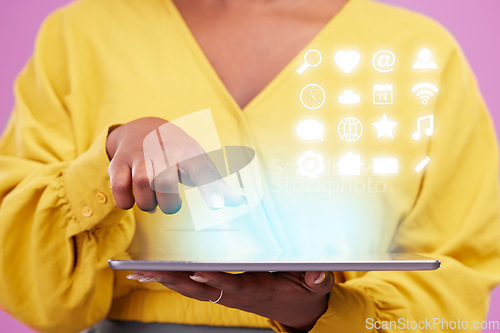 Image of Holographic icons, tablet and woman hand isolated on studio background for 3d app, internet and futuristic technology. Finger, screen and person in digital hologram, overlay or software communication