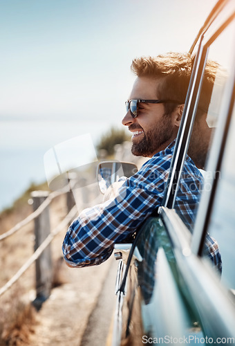 Image of Road trip, travel and man in window of car driving for adventure, summer vacation and holiday. Transportation, relax and face of male person in motor vehicle for freedom, journey and happy by ocean