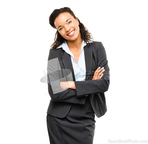 Image of Business employee, portrait or arms crossed on isolated white background in future ideas, vision goals or success mindset. Smile, happy or confident corporate woman in suit or financial growth target