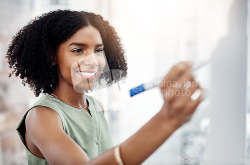 Image of Business, glass wall and black woman write, brainstorming or strategy in office. Planning, board and happy female person writing, working on project and schedule, notes or information in workplace.