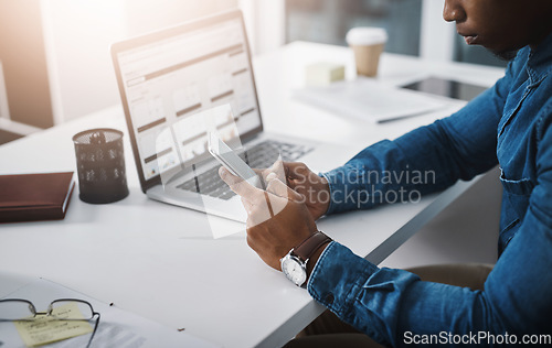 Image of Closeup, hands and man with a smartphone, business and typing with communication, network and contact. Male person, employee or consultant with a cellphone, mobile app and connection for social media