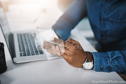 Image of Closeup, business and man with a cellphone, hands and social media with connection, office and chatting. Male consultant, entrepreneur and employee with a smartphone, texting and communication