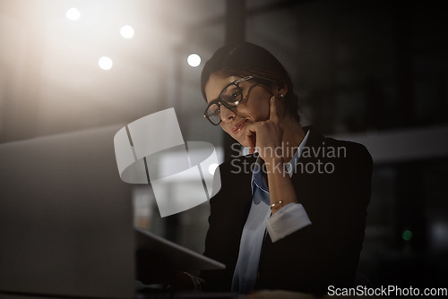 Image of Night, office and digital tablet by thinking woman for research, solution or idea inspiration. Online, contemplating and female person working late on proposal, goal and task at startup business