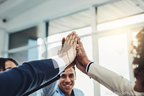 Image of Hands together, high five and team, business people with support and achievement, deal and success in collaboration. Group of employee, winning in meeting and teamwork with community and mission