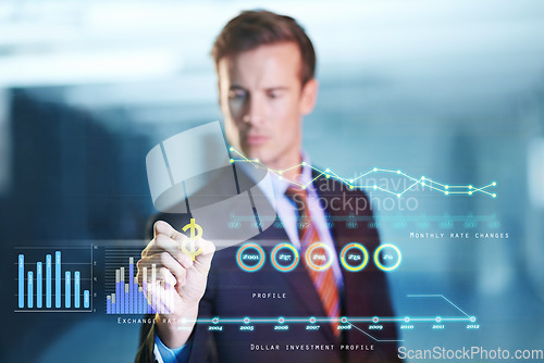 Image of Business, futuristic and man with hologram, digital interface and planning with charts. Male person, employee and entrepreneur with information, interactive or future with ideas, innovation or profit