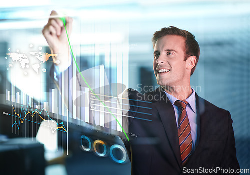 Image of Hologram, corporate and man planning, futuristic and brainstorming for finances, budget or investment. Male employee, accountant or worker with charts, writing or graphs with ideas or software update