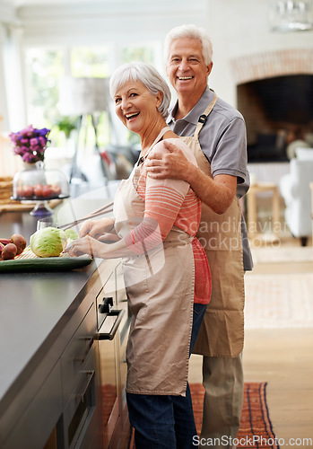 Image of Cooking, food and portrait of old couple in kitchen for salad, love and nutrition. Happy, smile and retirement with senior man and woman cutting vegetables at home for health, dinner and recipe