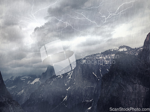 Image of Rain, mountain and landscape with a storm, nature and bad weather with lighting, environment and forest. Trees, thunder and hills with water, grey sky and winter with ecology, hurricane and natural