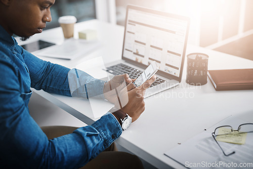 Image of Closeup, business and African man with a smartphone, typing and connection for social media. Male professional, consultant and employee with a cellphone, mobile app and communication in the workplace