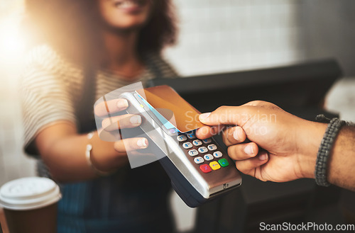 Image of Payment, credit card and hands of people in coffee shop for fintech, shopping and digital transaction. Technology, retail and sale with closeup of customer and waiter for pos machine, cafe and store