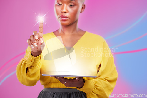 Image of Tablet, 3d and overlay with a black woman user in studio on a neon background for biometrics on a dashboard. Futuristic, digital and ai with a person using a holographic, virtual or ai interface