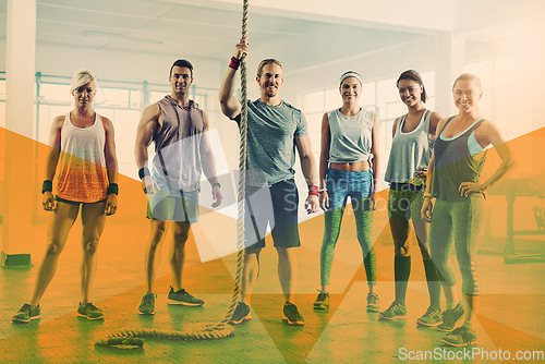 Image of Fitness group, gym portrait and overlay for exercise, workout and training with a rope. Diversity sports men and women together for power, energy and muscle motivation at a health and wellness club