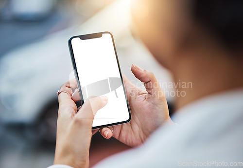 Image of Mockup screen, phone and hands of woman in city for networking, online website and social media ui. Communication, mobile app and female person on smartphone for promotion, copy space and branding