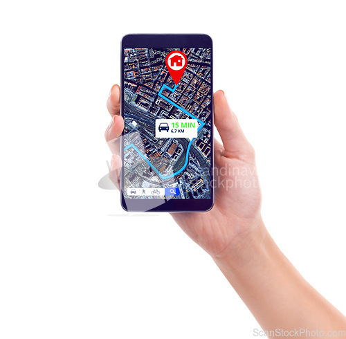 Image of Map, hand of person holding smartphone and location showing on digital gps in white background. Technology or tracking, cellphone with spot or position of vehicle or car and in studio backdrop