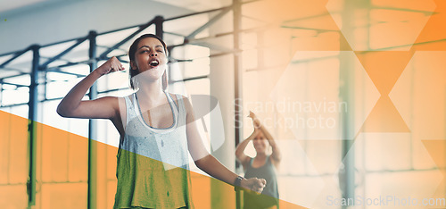 Image of Fitness, gym and a woman celebrate exercise, workout and training goals or success. Sports person happy about banner overlay space for power challenge, win or achievement at health and wellness club