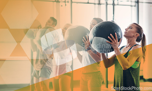 Image of Medicine ball, group of people and fitness exercise at gym for strong muscle and commitment. Athlete women and a man together for training workout or power challenge with overlay at a diversity club