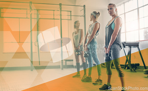 Image of Fitness, portrait and woman with a kettlebell at gym for exercise, workout and training. Athlete women group together for strong muscle, weight or power challenge at wellness club with mockup overlay