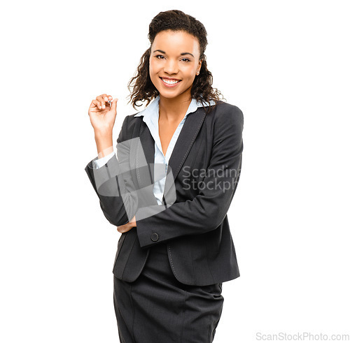 Image of Business woman, portrait or fashion suit on isolated white background with future ideas, vision goals or success mindset. Smile, happy or confident corporate worker with financial growth or security