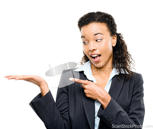 Image of Surprised business woman, hand or pointing in promotion mock up, advertising deal or marketing product placement. Shocked, wow or corporate worker and palm finance mockup on isolated white background