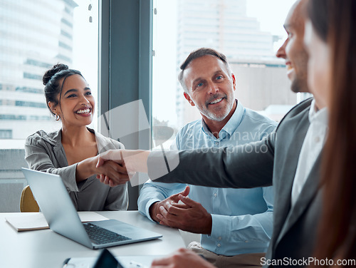 Image of Handshake, business meeting and teamwork collaboration, b2b conversation or hr hiring in modern office. Company recruitment, business people and congratulations, shaking hands or partnership deal