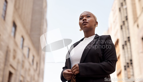 Image of Business, employee and black woman in the city, career and confident lady travelling in town. Female person, entrepreneur and consultant in the outside, formal and professional with startup success