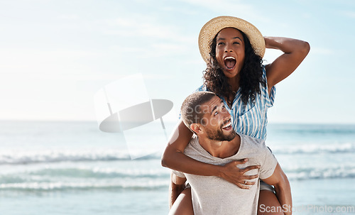 Image of Beach, piggy back and woman with happy man on romantic summer holiday with mockup space and travel to ocean. Romance, happiness and excited couple at sea for adventure on vacation together in Cancun.