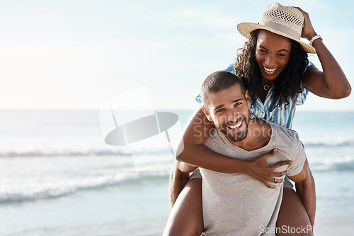 Image of Love, ocean and piggyback, happy couple with space for mockup, blue sky and romantic summer holiday travel to beach. Romance, man and woman have fun at sea on date and tropical vacation together