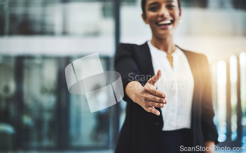 Image of Hiring, success or happy businesswoman shaking hands in b2b meeting for project or contract agreement. Smile, handshake zoom or worker with job promotion, deal negotiation or partnership opportunity