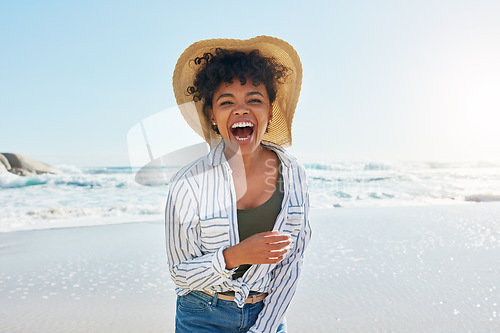 Image of Woman, laughing and portrait in summer at beach for a vacation, travel or holiday with a smile. Face of African female person at sea with happiness, freedom and funny mindset outdoor with a blue sky