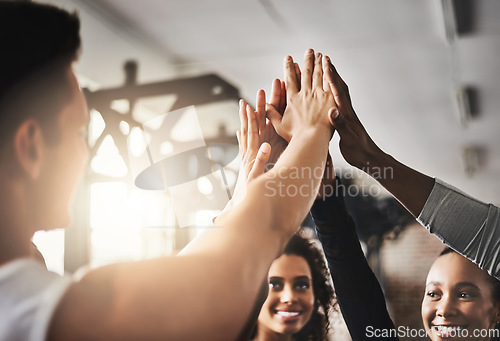 Image of Fitness, support and high five of people in gym for motivation, teamwork and target. Workout, exercise and training with hands of friends in sports center for team building, challenge and achievement