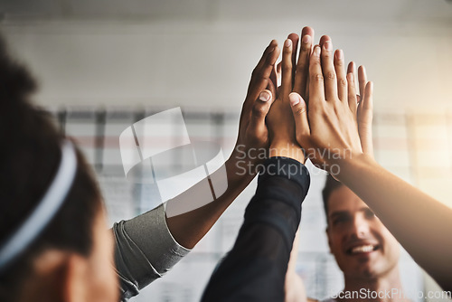 Image of Fitness, success and high five of people in gym for motivation, support and target. Workout, exercise and training with hands of friends in sports center for team building, challenge and achievement