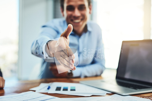 Image of Businessman, handshake and meeting for partnership, b2b or deal agreement at the office. Man employee shaking hands for greeting, welcome or hiring in recruitment for business growth at the workplace