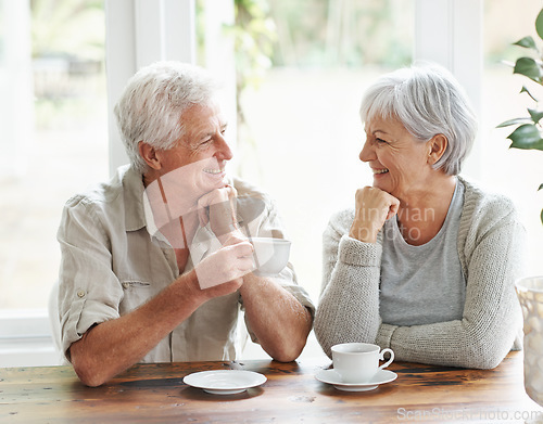 Image of Happy senior couple, coffee and smile for morning breakfast, relationship or bonding together at home. Elderly man and woman smiling with drinking tea cup or mug in relax, conversation or retirement