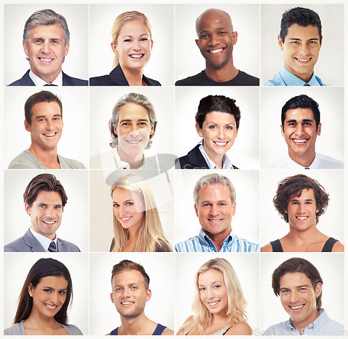 Image of Smile, face collage or portrait of happy people in community group or country with diversity. Headshot of different race, profile picture or global mosaic of men or women isolated on white background