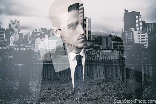 Image of Business man portrait, city double exposure and employee with monochrome and art deco overlay. Corporate, old school and urban worker with ideas of person with skyline and black and white effect