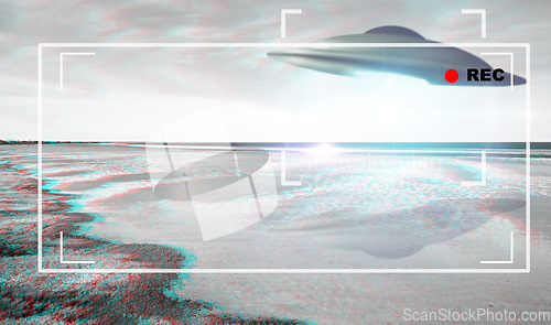 Image of UFO, alien and viewfinder on a camcorder screen with a spaceship flying in the sky over area 51. Camera, spacecraft and conspiracy theory with a saucer on a display to record a sighting of aliens