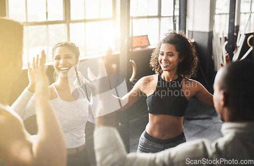 Image of High five, funny and teamwork of friends in gym for fitness, team building and solidarity. Collaboration, group of people and celebration for exercise targets, goals or support, motivation or success