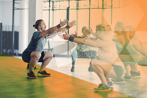 Image of Overlay, exercise and group with fitness, workout goal and training for wellness, balance and healthy lifestyle. Trainer, coach and people in a gym, stretching and practice for endurance and progress