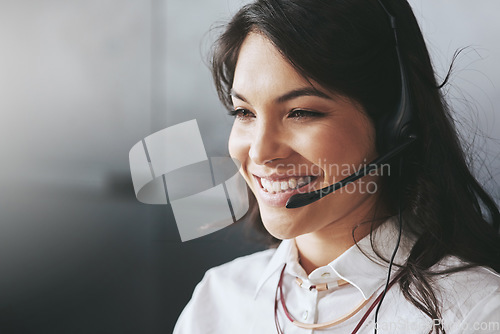 Image of Business woman, face and telemarketing employee with a smile and mockup on a crm call. Communication, customer service and young female person working on a web support consultation with happiness