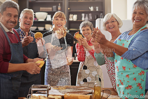 Image of Portrait, happy senior people having fun kitchen and at cooking class. Achievement or success, baking or cooking collaboration and teamwork of elderly group cheering or celebrating together