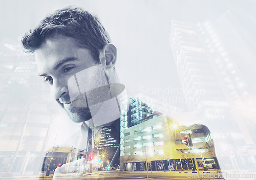 Image of Thinking, double exposure and man thinking about city at night or businessman with a vision for his urban town. Buildings, illustration and professional corporate person with creative idea in overlay