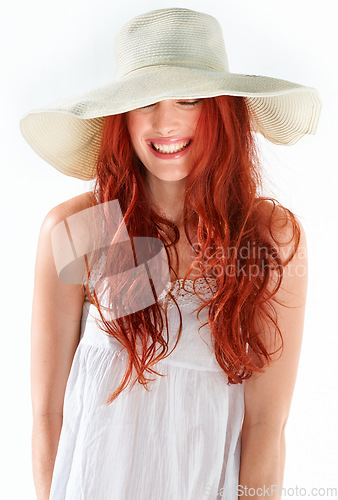 Image of Woman, face and smile with straw hat in studio, isolated white background and beautiful style. Happy female model, eyes closed and red hair with cool summer accessory, fashion and beauty of happiness