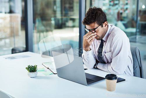 Image of Stress, headache and man on laptop in office frustrated with glitch, mistake or crisis. Anxiety, migraine and male business person angry with failure, 404 or bad review, deadline report or tech delay