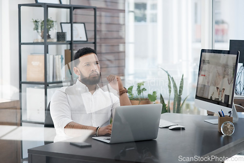 Image of Thinking, business and man with a laptop, ideas or opportunity with planning, career or project. Male person, employee or entrepreneur with decision, wonder and professional with technology or goals