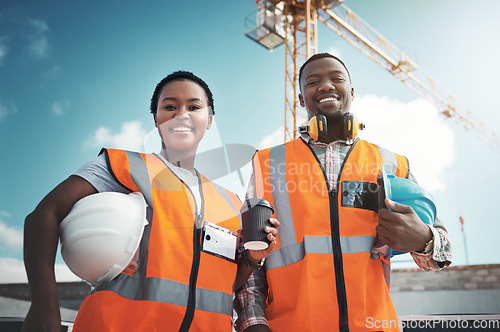 Image of Engineer team, portrait and smile of black people at construction site with coffee low angle. Teamwork, architect and happy African man and woman with tea, collaboration and building with mockup.