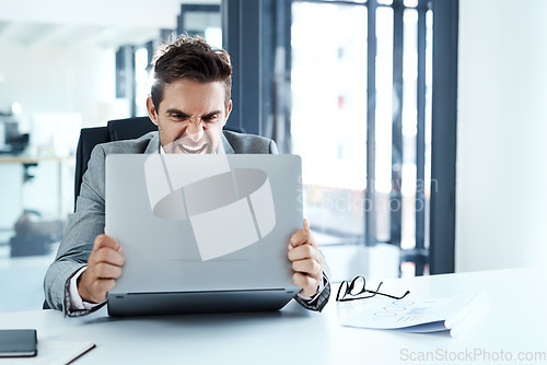 Image of Angry, man and stress with laptop in office frustrated with glitch, mistake or crisis. Anxiety, annoyed and male business person upset with fail, 404 and bad review, deadline report or tech problem