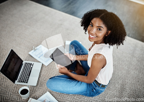 Image of Tablet, computer and woman in portrait on floor for work from home planning, paperwork and startup business. Young happy person or entrepreneur on digital technology, laptop and documents on carpet